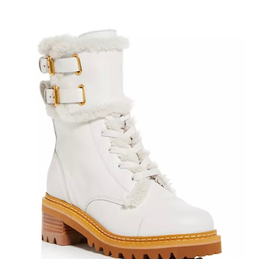 See by Chloé Women's Shearling Trim Combat Boots Brand New